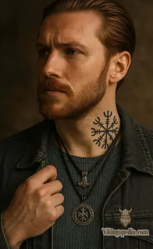Hombre con tatuaje vikingo y collares de amuletos nórdicos