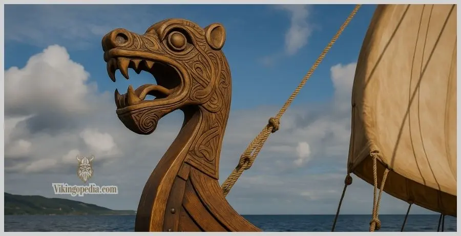 cabeza tallada de dragón en barco vikingo