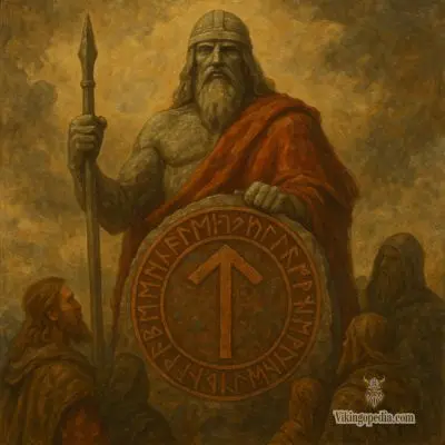 estatua de tyr con runa tiwaz y seguidores