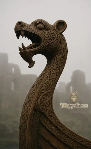 cabeza de dragón vikinga frente a ruinas y niebla