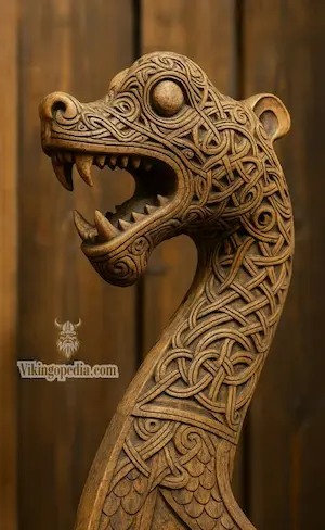 talla vikinga de cabeza de dragón con detalles entrelazados