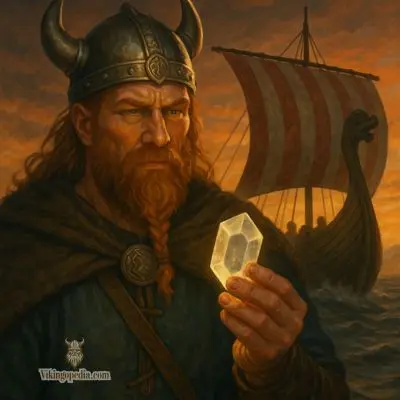 Vikingo con piedra solar al atardecer