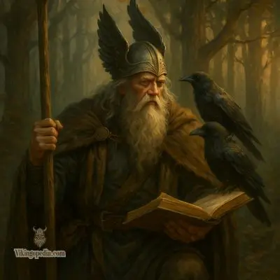 Odín con cuervos leyendo en el bosque