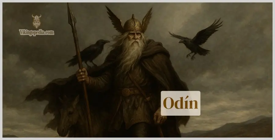 Odín en cuerpo completo con cuervos y Sleipnir