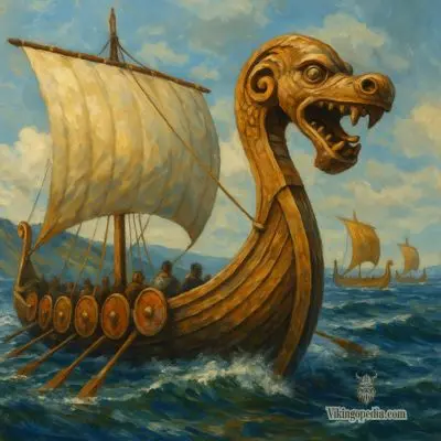 barco vikingo con cabeza de dragón tallada en la proa