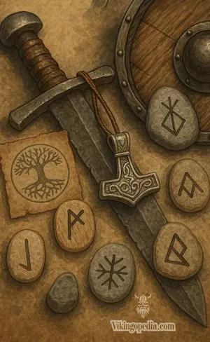 Amuletos vikingos sobre espada y escudo