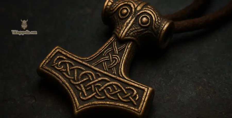 Amuleto vikingo de Mjölnir con detalles intrincados, brillando suavemente