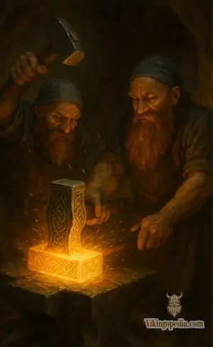 Enanos herreros forjando el martillo legendario de Thor