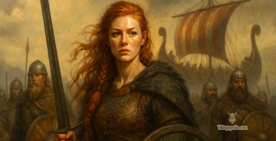 Vikinga frente a un drakkar