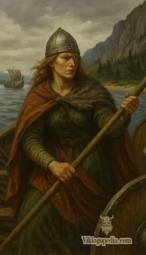 Mujer vikinga remando en un drakkar