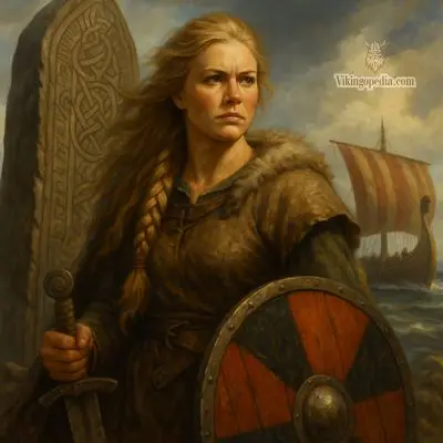 Mujer vikinga con armadura y escudo