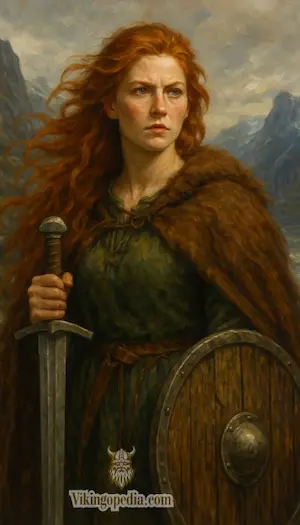 Guerrera vikinga en paisaje montañoso