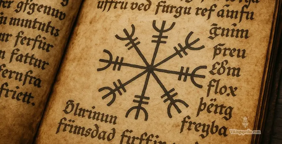 Página de grimorio con símbolo Aegishjalmur