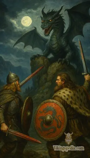 Guerreros frente a criatura mitológica
