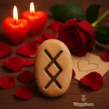 piedra rúnica con símbolo de Inguz rodeada de elementos románticos