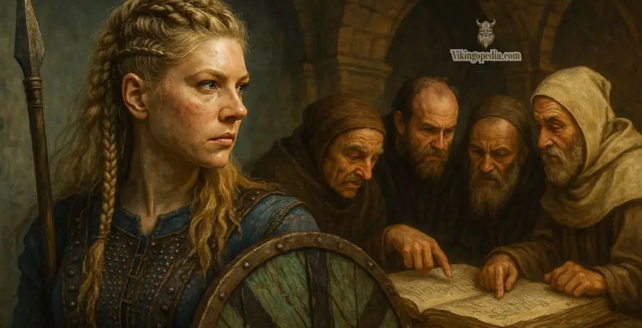 Lagertha y monjes examinando manuscritos