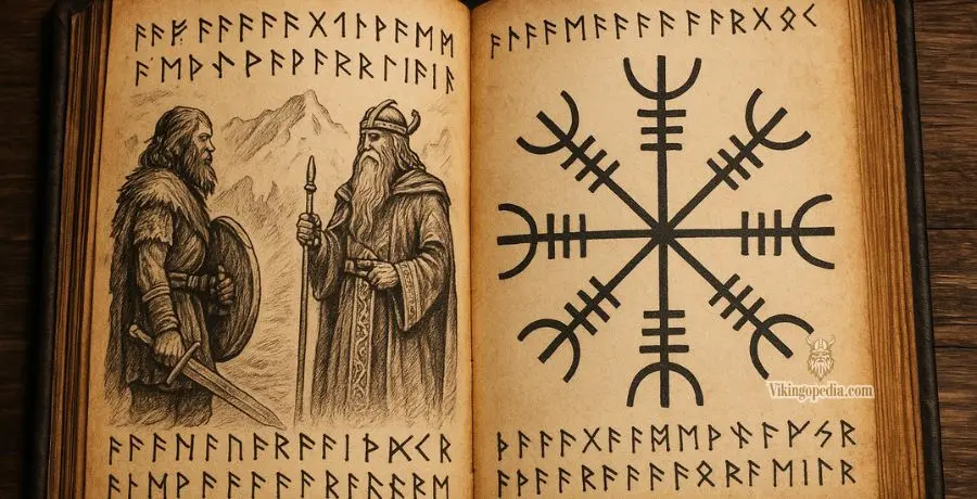 Manuscrito nórdico con símbolo y guerreros