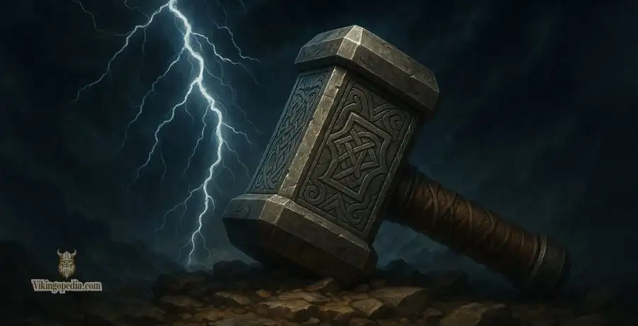 Mjölnir, el martillo nórdico, descansando sobre un terreno rocoso con rayos iluminando el cielo