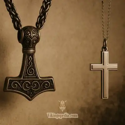 Mjölnir frente a la cruz cristiana, contrastando símbolos