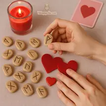 manos sosteniendo runas junto a corazones y vela