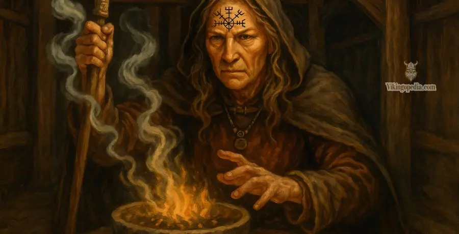 Mujer realizando ritual con símbolo Aegishjalmur