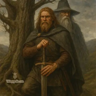 Guerrero vikingo junto a árbol y figura sombría