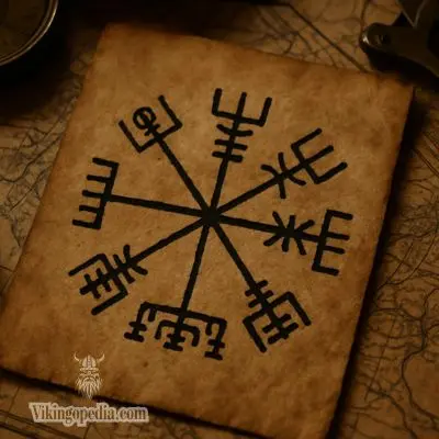 Vegvísir sobre mapa antiguo
