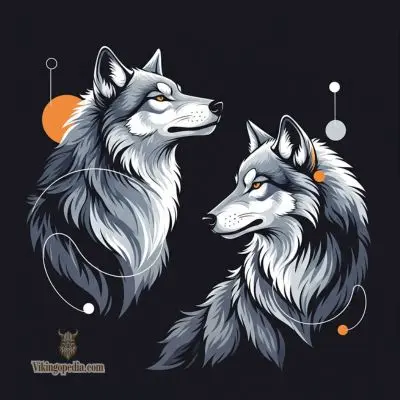 Ilustración moderna de los lobos de Odín, Geri y Freki, en arte digital