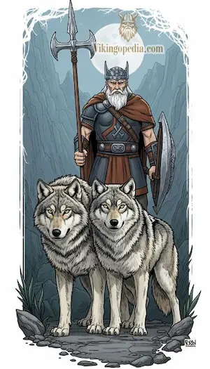 Ilustración de Odín con Geri y Freki en un entorno nórdico